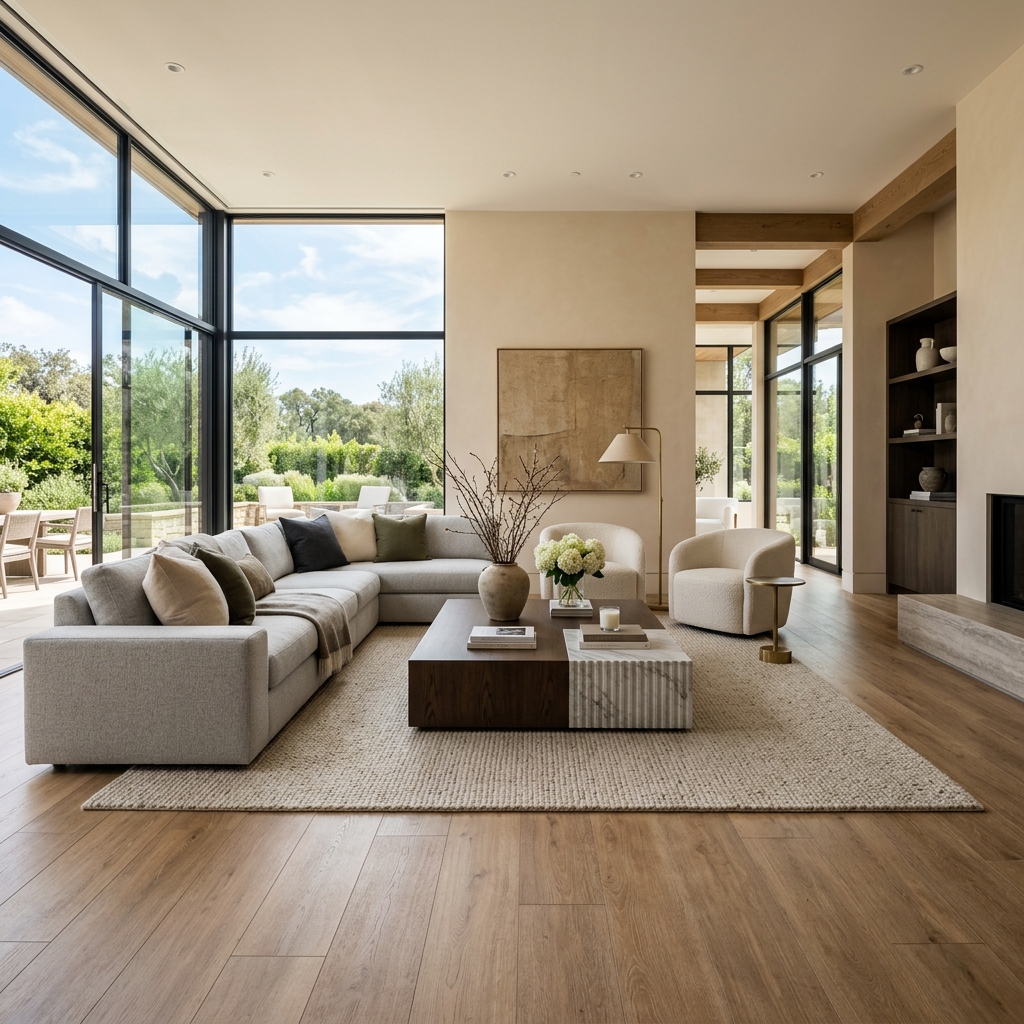 Modern interior with wood-look tiles