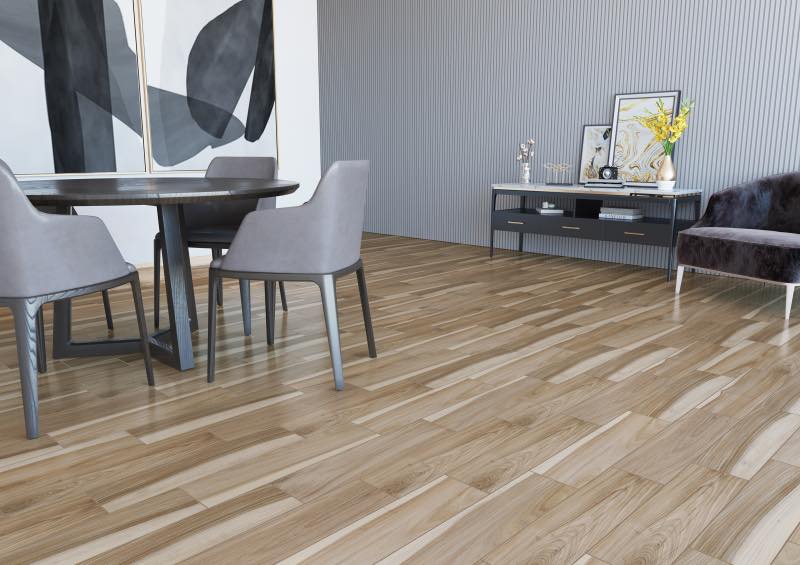 Dining area with wood tiles